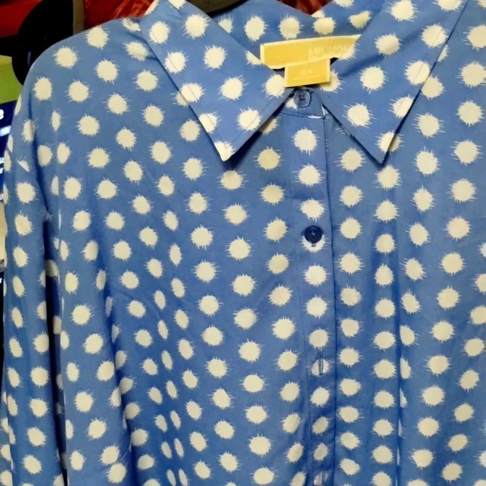 Michael kors polka dot button down tie bottom long sleeve blouse